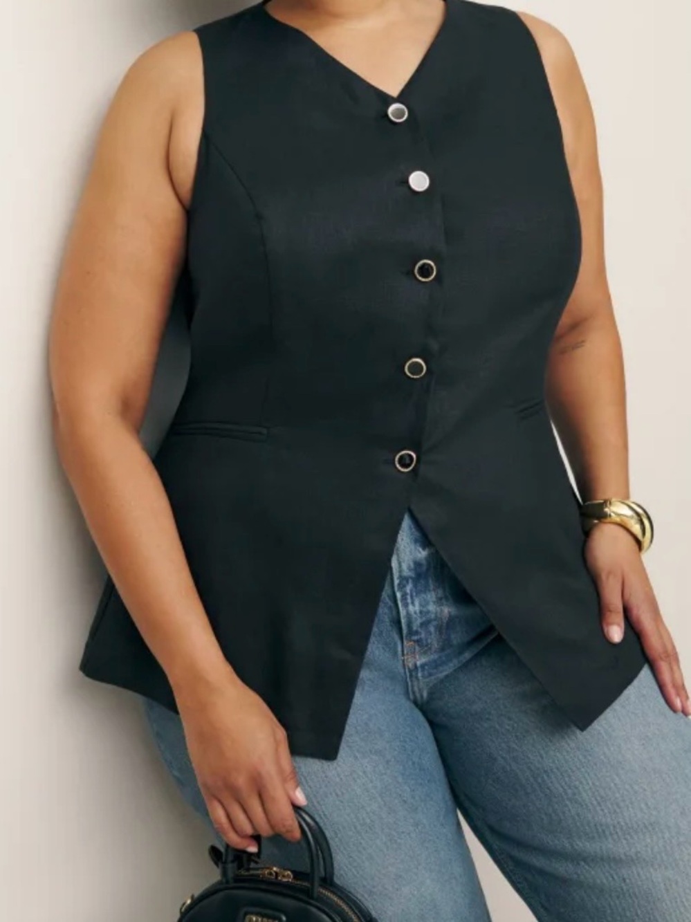 Reformation Aspen Linen Vest Black Tailored Button Front Sleeveless Top Size 16